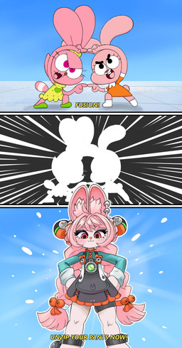 anthro biped clothed clothing dialogue dress eyelashes female fusion fusion_dance hands_on_hips loli orange_clothing pupils smile text yellow_clothing young ichduhernz cartoon_network chowder_(series) dragon_ball mihoyo the_amazing_world_of_gumball zenless_zone_zero anais_watterson panini_(chowder) zhao_(zenless_zone_zero) lagomorph leporid mammal rabbit absurd_res hi_res