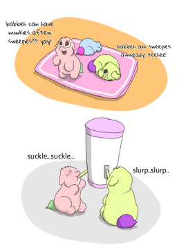 ambiguous_feral ambiguous_gender baby_talk blue_body blue_fur dialogue eyes_closed featureless_hands feral fur green_body green_fur group happy looking_up lying machine milk neonate on_front on_hind_legs one_eye_obstructed open_mouth pink_body pink_fur pink_tail purple_tail simple_background sitting slurping smile sucking tail teal_tail text trio young young_ambiguous young_feral carpdime fluffy_pony fluffy_pony_(species) mammal digital_media_(artwork) english_text shaded