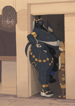 anthro biped black_body black_clothing breasts clothed clothing duo female footwear larger_female licking licking_lips licking_own_lips male shoes size_difference smaller_male standing thick_thighs tongue tongue_out nanokindred canid canine mammal hi_res