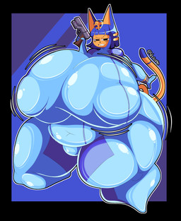 accessory anthro big_breasts biped blue_clothing blue_hair bodysuit breasts clenched_teeth clothed clothing cosplay crossover_cosplay dipstick_tail eyebrows eyelashes eyeliner female front_view frown fully_clothed gun hair hair_accessory holding_object holding_weapon huge_breasts huge_hips huge_thighs hyper hyper_breasts looking_at_viewer makeup markings narrowed_eyes nipple_outline outline ranged_weapon simple_background skinsuit solo tail tail_markings teeth text thick_thighs tight_clothing weapon wide_hips yellow_body voctopie animal_crossing metroid nintendo ankha_(animal_crossing) samus_aran domestic_cat felid feline felis mammal 2025 absurd_res artist_name crossover digital_drawing_(artwork) digital_media_(artwork) hi_res