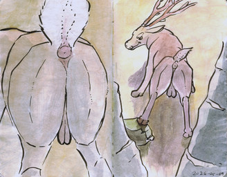 antlers anus balls brown_body brown_fur butt close-up fur genitals hooves horn looking_at_viewer looking_back looking_back_at_viewer outside pink_anus presenting presenting_anus presenting_hindquarters raised_tail rear_view rock smile smiling_at_viewer smirk smirking_at_viewer tail shufflefur deer mammal dated hi_res painting_(artwork) traditional_media_(artwork) traditional_painting_(artwork) traditional_watercolor_(artwork) watercolor_(artwork)