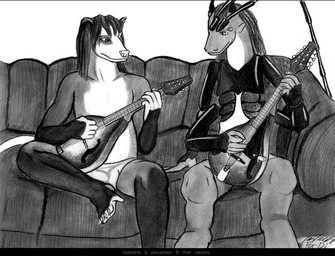 antennae_(anatomy) anthro black_bars bulge clothed clothing duo furniture hair horn long_hair lute male mandolin musical_instrument playing_music plucked_string_instrument sofa string_instrument tail topless underwear divdurvart mythology american_opossum arthropod dragon hybrid insect mammal marsupial mythological_creature mythological_scalie scalie virginia_opossum 2007 letterbox monochrome
