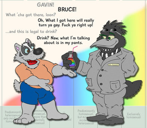 allcaps anthro beak beverage black_nose blue_bottomwear blue_clothing blue_shorts bottomwear brown_eyes bruce_badger clothing detailed_background dialogue duo eyebrows fur green_eyes grey_beak grey_body grey_bottomwear grey_clothing grey_fur grey_jacket grey_pants grey_text grey_topwear hand_behind_back holding_beverage holding_object jacket jacket_pocket male male/male name_tag open_mouth open_smile orange_clothing orange_shirt orange_topwear pants pink_straw profanity rainbow rainbow_background rainbow_drink raised_eyebrow sharp_teeth shirt shorts simple_background smile teeth teeth_showing text tongue_showing topwear yellow_sclera brucebadger bruce_(brucebadger) gavin_tremolo avian bird loon english_text