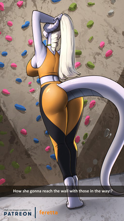 anthro big_breasts breasts butt climbing_wall_(structure) collar female hair nipple_outline nipples non-mammal_breasts non-mammal_nipples rear_view side_boob silver_skin solo text thick_thighs tying_hair white_hair wide_hips workout_clothing feretta mythology mis'alia draako dragon mythological_creature mythological_scalie scalie english_text hi_res