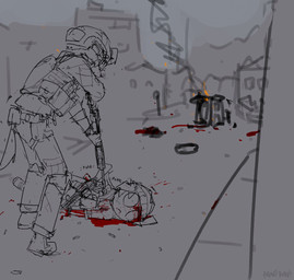 anthro armor blood bodily_fluids bottomwear building clothed clothed_anthro clothed_male clothing corpse death duo fully_clothed fully_clothed_anthro fully_clothed_male gore gun headgear helmet male military military_uniform outside pants poking ranged_weapon rifle ruins soldier uniform warrior weapon bravobunny canid canine mammal hi_res monochrome sketch