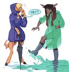 anthro blonde_hair blue_raincoat boots brown_hair clothing coat dialogue duo female female/female footwear green_raincoat hair kick puddle raincoat romantic romantic_couple shoes simple_background splash text topwear umbrella white_background uzon basha_(uzon) jessie_(uzon) canid canine canis deer mammal wolf 2017 english_text hi_res