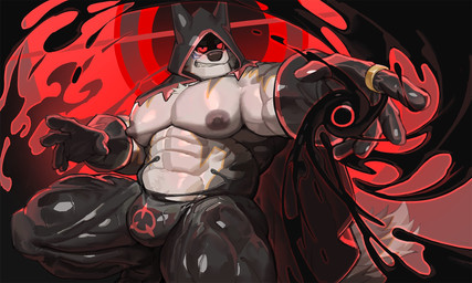 abs anthro barazoku big_bulge big_muscles big_nipples big_pecs black_latex black_liquid bottomwear bulge casting_spell clothing detailed_background dripping facial_markings glistening glistening_clothing gloves handwear head_markings hood latex latex_bottomwear latex_clothing latex_pants liquid_latex looking_at_viewer male markings muscular muscular_arms muscular_legs muscular_male nipples null_bulge pants pecs pointy_ears quads ring smile solo wave uriex canid canine canis mammal wolf 5:3 hi_res