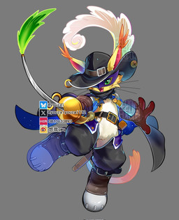 ambiguous_gender anthro belt boots cape cat_teaser clothing footwear fur gloves green_eyes handwear hat hat_feather headgear headwear loose_feather mask melee_weapon rapier shoes solo sword weapon yellow_body yellow_fur youzaiyouzai112 bandai_namco digimon digimon_(species) nyabootmon hi_res
