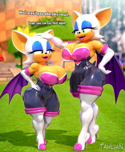 anthro big_breasts blue_eyes blue_eyeshadow bodysuit boots breasts cleavage clothed clothing dialogue duo eyeshadow fangs female footwear gloves hair handwear huge_breasts knee_boots knee_highs legwear lipstick makeup shoes shortstack skinsuit smile square_crossover teeth text tight_clothing white_hair wings tahlian sega sonic_the_hedgehog_(series) rouge_the_bat bat mammal 3d_(artwork) absurd_res digital_media_(artwork) english_text hi_res
