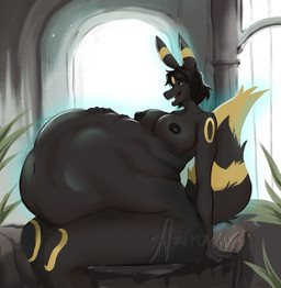 anthro anthro_pred areola belly big_breasts biped black_areola black_nipples breasts dark_body female female_anthro female_pred nipples nude solo vore aziroww nintendo pokemon eeveelution generation_2_pokemon pokemon_(species) umbreon