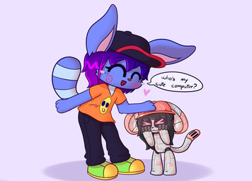 :3 >_< >w< age_difference anthro black_bottomwear black_clothing black_hair black_hat black_headwear black_pants black_sclera blue_hair bottomwear clothing covering covering_face duo eyes_closed facial_markings female footwear green_clothing green_footwear green_shoes hair hat head_markings headgear headpat headwear heart_symbol leaning leaning_forward long_ears machine male male/female markings orange_clothing orange_shirt orange_t-shirt orange_topwear pants pink_clothing pink_eyes pink_hat pink_headwear ring_(marking) ringed_tail shirt shoes simple_background size_difference speech_bubble striped_markings striped_tail stripes t-shirt tail tail_markings text topwear young parmiheart chimi_(parmiheart) i-24_(izzyybelles) hybrid lagomorph leporid mammal rabbit robot robot_anthro hi_res