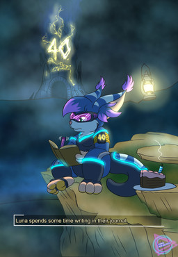 3_toes anthro armor barefoot birthday birthday_cake blue_body cake cliff clothing dessert eyewear feet fog foggy_background food glasses glowing glowing_clothing green_eyes introspective lamp lantern male monolith neon paws sitting soles solo stirrup_footwear stirrup_legwear toes writing_text lunamuenster clair_obscur_expedition_33 expedition_33 wildstar luna_muenster_(fursona) chua mammal rodent hi_res