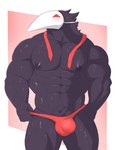 abs biceps black_body blush bulge clothing loose_tie male mask mostly_nude muscular muscular_male nipples pecs pubes red_eyes simple_background solo triceps underwear silentwolfr3 deltarune undertale_(series) avian swatchling hi_res