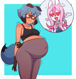 anthro belly big_belly black_hair blue_hair blush breasts clothing dress duo female fur hair heart_after_text heart_symbol long_hair nervous open_mouth pink_hair pregnant pregnant_anthro pregnant_female shaking short_hair simple_background white_body white_fur tanquito brand_new_animal studio_trigger michiru_kagemori nazuna_hiwatashi canid canine fox mammal procyonid raccoon raccoon_dog tanuki hi_res
