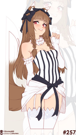 accessory armwear bow_ribbon brown_hair camel_toe clothing dipstick_tail female garter_straps hair hair_accessory hair_bow hair_ribbon legwear long_hair markings red_eyes ribbons solo tail tail_markings thigh_highs likunea spice_and_wolf holo_(spice_and_wolf) animal_humanoid canid canid_humanoid canine canine_humanoid humanoid mammal mammal_humanoid wolf_humanoid 4k 9:16 absurd_res hi_res