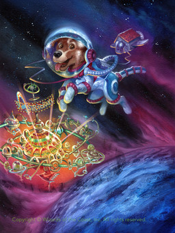 ambiguous_gender armor astronaut bone_tag brown_body brown_fur copyright_symbol feral fur green_text headgear helmet kennel looking_at_viewer planet solo space space_station spacesuit star symbol text tongue tongue_out jeff_miracola hasbro magic:_the_gathering wizards_of_the_coast comet_(magic:_the_gathering) canid canine canis domestic_dog mammal english_text hi_res official_art watermark