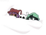 anthro bed bedding black_body black_eyes black_fur blanket clothing eyewear fur furniture glasses green_clothing green_eyewear green_glasses green_hat green_headwear group hair hat headgear headwear looking_at_viewer on_bed trio under_covers aamakuruu deltarune hollow_knight oneshot team_cherry undertale_(series) niko_(oneshot) ralsei the_knight_(hollow_knight) arthropod bovid caprine goat mammal vessel_(species)