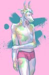 anthro antlers balls bottomwear bulge clothed clothing facial_piercing fur genitals hair horn looking_away male nose_piercing piercing septum_piercing shy simple_background solo underwear underwear_only mewverns vert_(vertywerty) cervine deer mammal 2020 digital_drawing_(artwork) digital_media_(artwork) full-length_portrait hi_res portrait