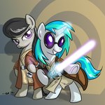 clothed clothed_feral clothing crossover duo equid equine female feral friendship_is_magic giantmosquito hasbro hi_res holding_lightsaber holding_object holding_weapon horn horse jedi jedi_tunic lightsaber mammal melee_weapon my_little_pony mythological_creature mythological_equine mythology octavia_(mlp) pony purple_eyes star_wars unicorn vinyl_scratch_(mlp) weapon