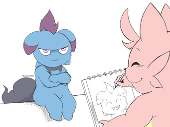 ambiguous_gender anthro blue_body creating_art crossed_arms drawing_(action) drawing_(object) drawing_in_a_drawing duo grumpy happy holding_object holding_pencil paper pencil_(object) pink_body simple_background sitting text white_background winick-lim palworld pocketpair cattiva depresso pal_(species) 2024 4:3 artist_name hi_res
