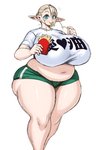 athletic_wear bangs belly big_breasts blonde_hair blush bottomwear breasts clothed clothing curvy_figure eating eating_food female food fries gym_bottomwear gym_shorts hair heart_symbol holding_food holding_fries holding_object hotpants huge_breasts huge_hips huge_thighs humanoid_pointy_ears looking_at_viewer navel not_furry overweight overweight_female overweight_humanoid pointy_ears shirt shorts simple_background solo standing teal_eyes text text_on_clothing text_on_shirt text_on_topwear thick_thighs tied_hair topwear voluptuous white_background wide_hips sssonic2 plus-sized_elf elfuda_(plus-sized_elf) elf humanoid mammal 2020 absurd_res digital_media_(artwork) hi_res japanese_text portrait three-quarter_portrait translated