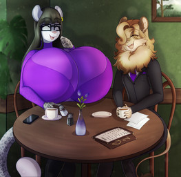 anthro beverage big_breasts black_hair blonde_hair breasts clothing coffee coffee_cup coffee_mug coffee_shop container cup date duo ear_piercing ear_ring eyewear female fur glasses grey_body grey_fur hair huge_breasts hyper hyper_breasts long_hair male male/female multicolored_body multicolored_fur necktie piercing pink_nose purple_clothing purple_necktie purple_shirt purple_topwear ring_piercing shirt suit tail topwear wearing_glasses yellow_body yellow_fur vanthi eugene_(irvingwrites) katrina_franklin_(lildredre) felid lion mammal pantherine snow_leopard 2025 hi_res