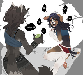 5_fingers :d anthro ball barefoot biped black_hair bottomwear breasts butt claws clothed clothed_anthro clothed_female clothing duo feet female finger_claws fingers fully_clothed fully_clothed_anthro fully_clothed_female fur grey_body grey_fur grey_hair grey_tail hair holding_ball holding_object paws smile tail tail_motion tailwag text toe_claws tongue tongue_out topwear raccoattack racc_(raccoattack) beagle canid canine canis domestic_dog hunting_dog mammal procyonid raccoon scent_hound 2025 digital_drawing_(artwork) digital_media_(artwork) english_text hi_res