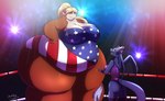 american_flag anthro belly big_belly clothing duo female fighting_ring obese obese_anthro obese_female overweight overweight_anthro overweight_female smile tail united_states_of_america wrestling year robthehoopedchipmunk mythology abigail_(cheesecaker) tulip_(rthc) dragon mammal mouse murid murine mythological_creature mythological_scalie rodent scalie 2018 signature