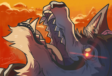 afternoon anthro close-up clothed clothing detailed_background evil_face evil_grin fangs looking_at_viewer male mouth_shot open_mouth red_eyes smile smiling_at_viewer solo teeth tongue pinumontbalou epic_games fortnite wendell_(fortnite) canid canine canis mammal wolf hi_res