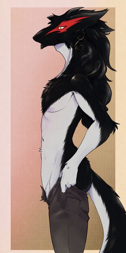 anthro big_butt biped black_body black_fur butt ear_piercing fur male male_anthro piercing side_view skinny solo standing white_body white_fur krimvahs adonis_(krimvahs) sergal hi_res