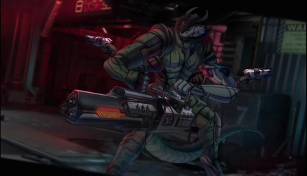 4_hands anthro armor body_armor clothed clothing detailed_background fingers fully_clothed fur gun handgun holding_object holding_weapon horn long_tail machine_gun male military multi_eye multi_hand multicolored_body pistol prosthetic ranged_weapon shield shooting solo tail weapon amarihel third-party_edit mythology dragon hybrid mythological_creature mythological_scalie scalie animated digital_media_(artwork) full-length_portrait hi_res high_framerate portrait short_playtime sound video