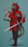 5_fingers anthro black_clothing bottomwear clothed clothing dragon fingers footwear forked_tongue fully_clothed hi_res melee_weapon mythological_creature mythological_scalie mythology open_mouth pants red_clothing red_eyes reptile rov scales scalie solo sword tail tongue tongue_out weapon
