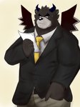 anthro black_body black_fur bottomwear clothing cute_fangs fangs fur horn humanoid_hands kemono male necktie pants shirt simple_background slightly_chubby solo teeth topwear wings kuma_(pixiv_881259) kumadasi bear mammal 2009