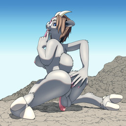 anthro anus butt butt_grab erection eyewear female finger_on_chin genitals glasses gynomorph hand_on_butt hooves intersex looking_at_viewer nude outside penis rock solo spread_anus spreading sanythefox rose_(rosethegoat) bovid caprine goat mammal 1:1 absurd_res digital_media_(artwork) hi_res