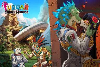 5_fingers angry anthro astronaut black_hair bottomwear breasts clothed clothed_anthro clothed_female clothed_male clothing fangs feathers female fingers fur green_body green_feathers group hair humanoid_hands interspecies interspecies_romance kissing loincloth macuahuitl male male/female markings melee_weapon multicolored_body multicolored_fur nipples pink_nose prehispanic romantic romantic_couple spacecraft spacesuit spots spotted_body spotted_fur teeth temple time_traveler two_tone_body two_tone_fur vehicle weapon white_body white_fur yellow_body yellow_fur magolobo canid canine canis feathered_scalie felid jaguar mammal pantherine scalie wolf
