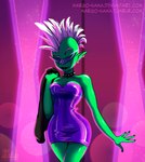 breasts choker cleavage clothed clothing dress ear_piercing eyebrows eyewear fan_mohawk female fingers green_body green_skin hair humanoid_pointy_ears jewelry lipstick makeup mohawk necklace not_furry piercing raised_eyebrow solo sunglasses text white_hair wide_hips margo-sama disney wander_over_yonder lord_dominator alien alien_humanoid humanoid 2016 portrait signature three-quarter_portrait url