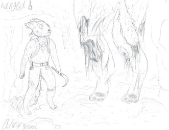 ambiguous_gender anthro blood bodily_fluids duo female fur gore hanged male male/female no_shading simple_background stalagmite suicide tail text lexido casualties:_unknown gunsaw canid canine expie_(gunsawian) gunsawian hybrid mammal murid rodent digital_drawing_(artwork) digital_media_(artwork) english_text hi_res