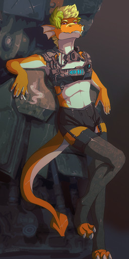 anthro bulge cigarette hair looking_at_viewer male smile smoke smoking solo tail technology teeth toeless_legwear jeanwoof mythology dragon mythological_creature mythological_scalie scalie hi_res