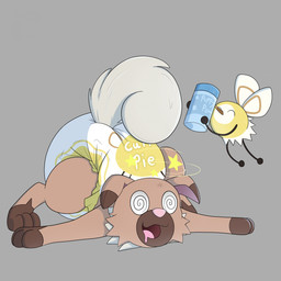 ambiguous_gender baby_powder big_diaper bodily_fluids brown_body brown_fur clean_diaper clothed clothing container diaper dipstick_ears dizzy dizzy_eyes drooling duo ear_markings eyes_closed feral floppy_ears fur gloves_(marking) grey_background holding_container holding_object insect_wings lepidopteran_wings lying markings multicolored_ears on_front open_mouth open_smile pink_inner_ear pink_nose saliva seeing_stars simple_background smile spiral spiral_eyes tail tan_body tan_fur tan_tail text wearing_diaper white_body wings yellow_body burritokitten nintendo pokemon rocky_the_rockruff cutiefly generation_7_pokemon pokemon_(species) rockruff 1:1 english_text hi_res