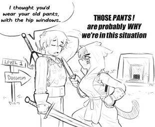 annoyed female group male speech_bubble text weapon japversus darkflame_blade_of_the_demon_king_(japversus) ounce_(japversus) wiss_(japversus) animal_humanoid cat_humanoid felid felid_humanoid feline feline_humanoid human humanoid mammal mammal_humanoid absurd_res english_text hi_res monochrome