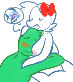 anthro areola blush breasts duo eyes_closed fangs female hair happy hug human_on_anthro interspecies love male male_human male_on_anthro multicolored_body multicolored_scales nipples open_mouth rainbow_body rainbow_scales romantic romantic_couple scales simple_background smile speech_bubble teeth white_background white_hair sharktits_(artist) anon sharktits_(character) aquatic fish human mammal shark digital_media_(artwork)