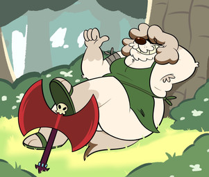 anthro apron apron_only armpit_hair axe body_hair butt clothing female footwear forest hair hair_over_eyes plant relaxing sandals shoes solo tree sealchomps puppy_guard crystal_(puppy_guard) canid canine canis domestic_dog herding_dog mammal pastoral_dog sheepdog hi_res trans_(lore) trans_woman_(lore)