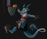 2_horns anthro ball bared_teeth basketball_(ball) basketball_hoop basketball_net basketball_uniform black_bottomwear black_clothing black_shorts blue_body blue_fur bottomwear clothing floating_horn footwear fur fur_markings furgonomics grey_background holding_basketball holding_object horn jumping male markings multicolored_clothing multicolored_shirt multicolored_topwear number number_on_jersey orange_eyes shirt shoes shorts simple_background sneakers solo sportswear tail tail_tuft tank_top topwear translucent translucent_horn tuft uniform white_body white_fur yellow_sclera babanasaur mythology dragon furred_dragon furred_scalie mythological_creature mythological_scalie scalie 2021 digital_media_(artwork) hi_res