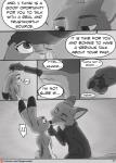 anthro canid canine clothed clothing comic covering covering_self dialogue dipstick_ears disney duo ear_markings english_text exclamation_point eyes_closed female fox fur greyscale hi_res judy_hopps kissing lagomorph leporid male mammal monochrome multicolored_ears nick_wilde pawpads rabbit red_fox scut_tail short_tail striped_body striped_fur stripes tail text the_gory_saint true_fox zootopia