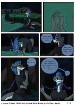 anthro big_breasts blue_hair breasts clothed clothed_anthro clothed_female clothing container cup dialogue female forest grey_body hadalen_magic hair head_down horn kneeling magic night outside partially_submerged plant river shrub solo speech_bubble text tree turning_around walking water wet white_body nyo_la_nixan legend_of_nixon nyo_la_nixan_(character) draako comic english_text hi_res shaded translated