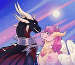 black_body blue_eyes duo facial_piercing feathered_wings feathers female feral hair horn jewelry light looking_at_another moon moonlight necklace nose_piercing piercing pink_body red_eyes romantic romantic_ambiance star wings cutestcure activision european_mythology mythology spyro_the_dragon cynder ember_(spyro) dragon mythological_creature mythological_scalie scalie western_dragon 2022 digital_drawing_(artwork) digital_media_(artwork)