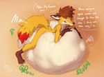 anthro anthro_pred belly big_belly digestion digestion_noises male multiple_prey red_eyes resting_on_belly same_size_vore solo struggling struggling_prey text vore lunlunfox lunlunfox_(character) canid canine mammal english_text hi_res