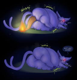 3_toes abdominal_bulge after_vore almost_fully_inside ambiguous_feral ambiguous_gender ambiguous_pred ambiguous_prey anal anal_vore anus belly big_belly big_butt blush blush_lines breath butt cute_fangs dialogue digestion digestion_noises duo fangs fatal_vore feet feral feral_pred fire flaming_tail forehead_gem forked_tail fully_inside fur gem glowing grass head_first hindpaw lidded_eyes light looking_at_viewer looking_back looking_back_at_viewer lying monotone_body monotone_fur monotone_tail night obese obese_ambiguous obese_feral on_side orange_tail outside overweight overweight_ambiguous overweight_feral panting partially_inside pawpads paws plant pupils purple_body purple_ears purple_fur purple_inner_ear purple_pawpads purple_tail quadruped rear_view rumbling_stomach same_size_vore slit_pupils smile snaggle_tooth soft_vore sound_effects speech_bubble tail talking_to_viewer teeth text toes unusual_anatomy unusual_tail vore azserfy nintendo pokemon charizard eeveelution espeon felid feline generation_1_pokemon generation_2_pokemon mammal pokemon_(species) colored digital_media_(artwork) english_text hi_res lighting sequence shaded female_(lore)