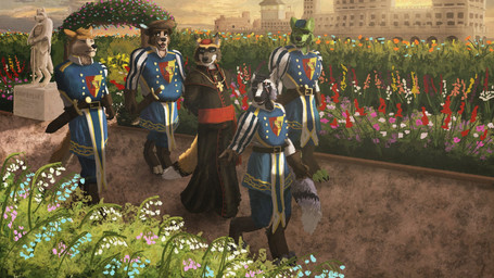anthro belt buckle cardinal_(religious_office) clothing coat_of_arms cross flower garden group hat headgear headwear male melee_weapon one_arm outside path plant religious_clothing renaissance_architecture renaissance_clothing romanesque_architecture scar sculpture statue sword tail text uniform weapon jayk_(artist) canid canine canis fox mammal red_fox silver_fox true_fox wolf 16:9 english_description english_text hi_res widescreen