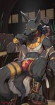 ankh anthro black_body black_fur bracelet braided_hair bulge clothing ear_piercing ear_ring fur furgonomics gold_(metal) hair jewelry makeup male neckwear piercing ring_piercing shirt solo tank_top topwear roy_arashi egyptian_mythology middle_eastern_mythology mythology anubis anubian_jackal canid canine canis deity jackal mammal absurd_res hi_res
